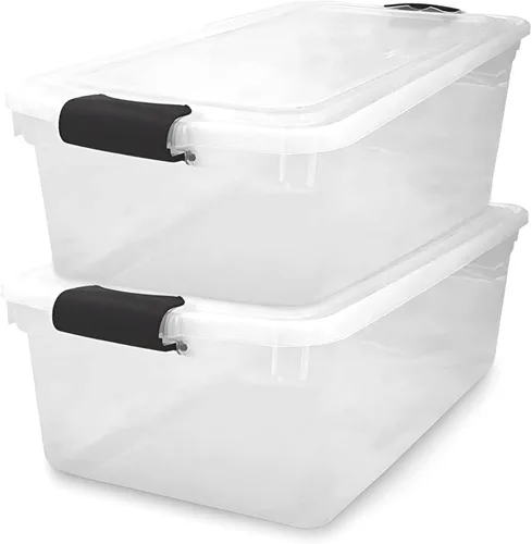 Vista 12 de HOMZ Paquete de 5 cubos organizadores de almacenamiento de plástico transparente, 7.5 cuartos de galón, pestillo azul, contenedores organizadores