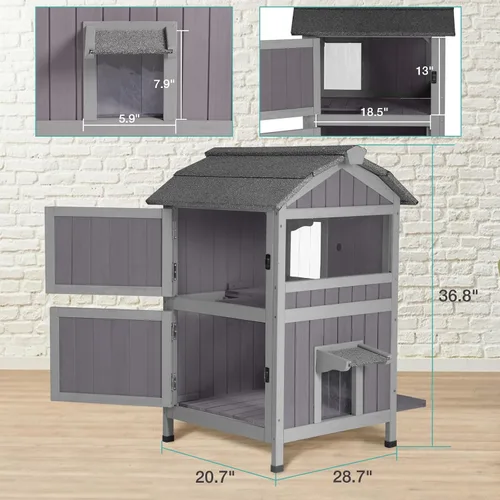 Vista 7 de Suumerpety Casa aislada para gatos al aire libre, refugio de madera resistente a la intemperie para gatos con forro, recintos para gatitos, casa