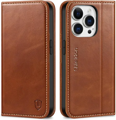 Vista 10 de SHIELDON - Funda tipo cartera de piel auténtica para iPhone 14 Pro de 6.1 pulgadas 2022, color negro Magnetic Closure, RFID Blocking, Credit Card