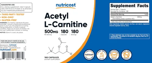 Vista 6 de Nutricost Acetil L-carnitina 500 mg, 180 cápsulas - Sin OMG y sin gluten