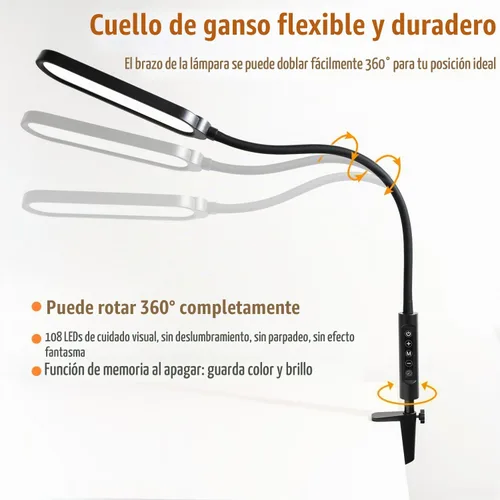 Vista 7 de Lámpara de escritorio con abrazadera LED de 18W 3000LM Negro tinta