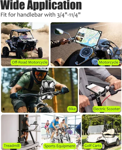 Vista 5 de Soporte para tableta de teléfono de motocicleta para manillar de 3/4"-11/4", soporte de tableta de bicicleta de doble protección para dispositivos