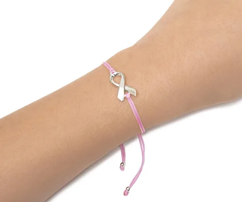 Vista 2 de Pink Breast Cancer Awareness Bracelet With Large Sterling Silver Plated Ribbon Shaped Charm and Friendship Support Message Card, Womens Adjustable