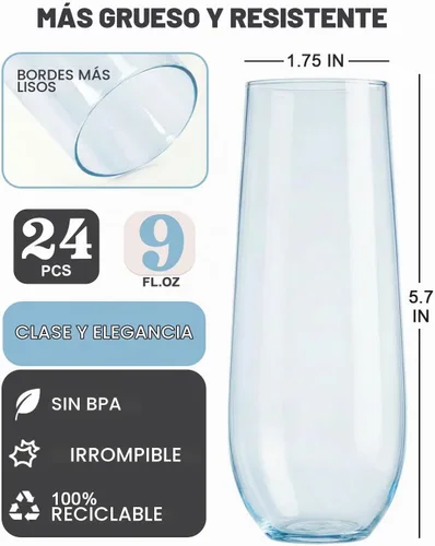 Vista 2 de Paquete de 24 copas de champán de plástico, vasos desechables de 9 onzas Azul - Paquete de 24