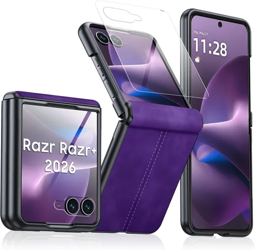 Vista 43 de para Samsung Galaxy Z Flip 7 Funda con protección de bisagras y protector de pantalla incorporado, funda de cuero mate de policarbonato ultradelgada