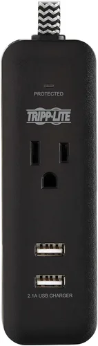 Vista 3 de Tripp Lite Protector de sobretensiones de 1 salida con 2 puertos USB (2.1A compartido) - Cable de 4 pies, enchufe 5-15P, 450 julios, negro