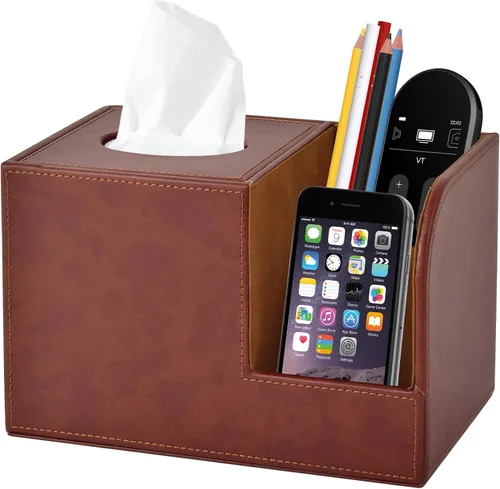 Vista 12 de Funda de caja de pañuelos de cuero PU cuadrada, Soporte de caja de pañuelos multifuncional, Caja de pañuelos con almacenamiento, Soporte de pañuelos