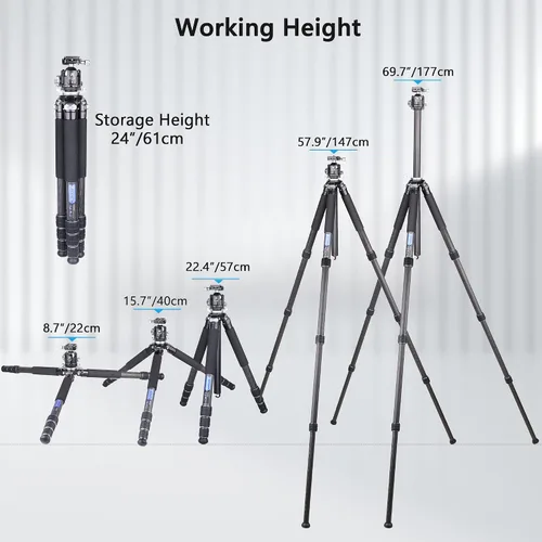Vista 13 de Trípode de cámara de fibra de carbono con cabeza de bola de perfil bajo de 1.732 in, trípode compacto profesional ARTCISE NS85C, columna central