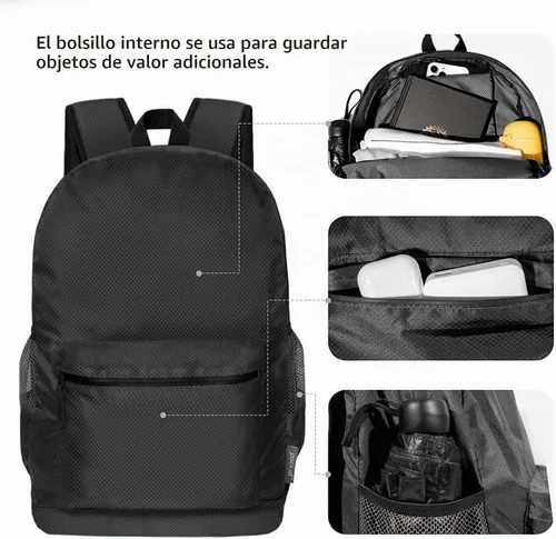 Vista 4 de pack all Mochila plegable ligera de 20L, mochila de senderismo resistente Negro