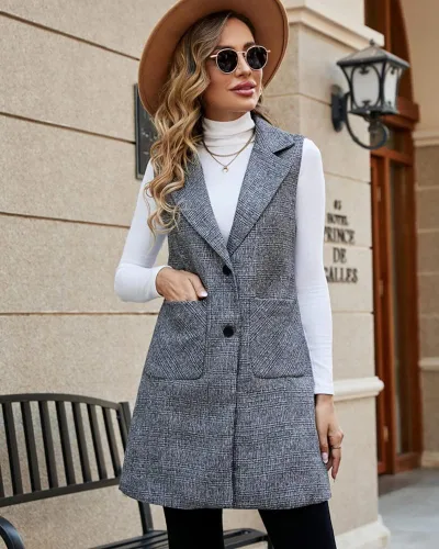 Vista 7 de Kedera Chaleco largo de un solo pecho para mujer, casual, sin mangas, con bolsillo, ropa de abrigo larga