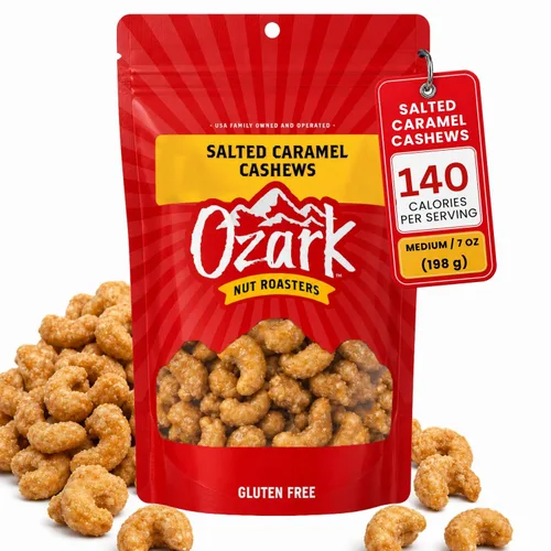 Vista 9 de OZARK NUT ROASTERS Anacardos de caramelo salado, aperitivo gourmet de nueces confitadas, sin gluten, sal marina y anacardos glaseados con caramelo