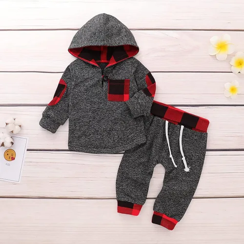 Vista 5 de SANMIO Conjunto de sudadera con capucha para niños y niñas, sudadera clásica a cuadros + pantalones