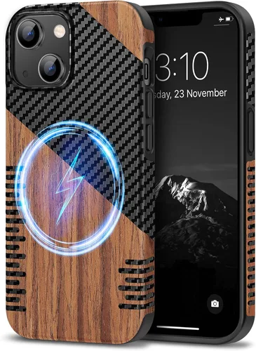 Vista 20 de TENDLIN Compatible con Funda para iPhone 14 de Grano de Madera con Diseño de Textura de Fibra de Carbono, Funda Híbrida de Cuero delgada Negra Negro