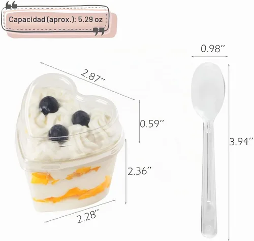 Vista 2 de Paquete de 100 mini vasos de plástico transparente con tapas, recipiente de yogur en forma de corazón de 5 onzas para fiestas, aperitivos