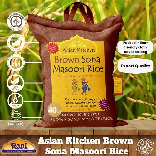 Vista 4 de Asian Kitchen Brown Sona Masoori - Arroz envejecido de 40 libras, 40 libras (40.0 lbs) de arroz de grano corto ~ Todo natural Apto para gluten