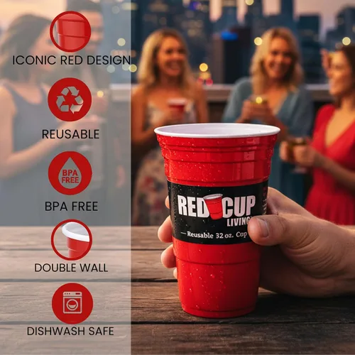 Vista 4 de Vasos de 32 onzas Taza roja reutilizable para fiesta, vaso y vaso Vasos de fiesta ideales para niños y adultos Suministros reutilizables