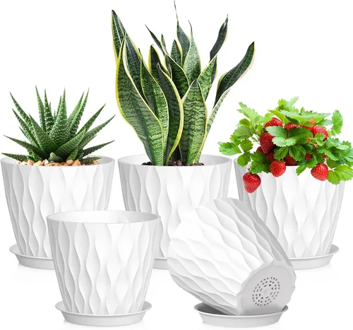 Vista 25 de Meowell Macetas pequeñas de plástico de 4 pulgadas, macetas de plántulas, juego de 5 macetas de ondas de agua para plantas de interior, macetas