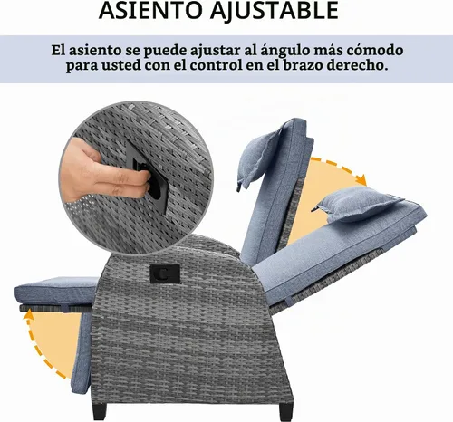 Vista 2 de Juego de 2 sillas reclinables para exteriores para patio con mesa de centro de mimbre, cojín cómodo, ángulo ajustable, sillas reclinables