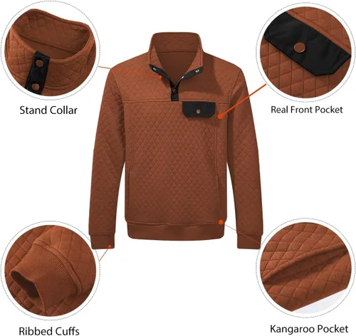 Vista 3 de JMIERR Sudadera acolchada para hombre, casual, de manga larga, cuello alto, con botones