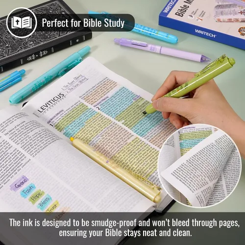 Vista 6 de WRITECH Set de marcadores y bolígrafos para diario de la Biblia Mate: marcadores sin sangrado para la Biblia y bolígrafos de bola de tinta negra