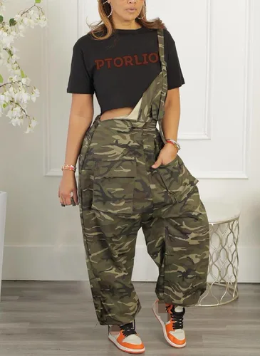 Vista 2 de Overol sexy de camuflaje para mujer, sin negro, holgado, con pechera, con bolsillos