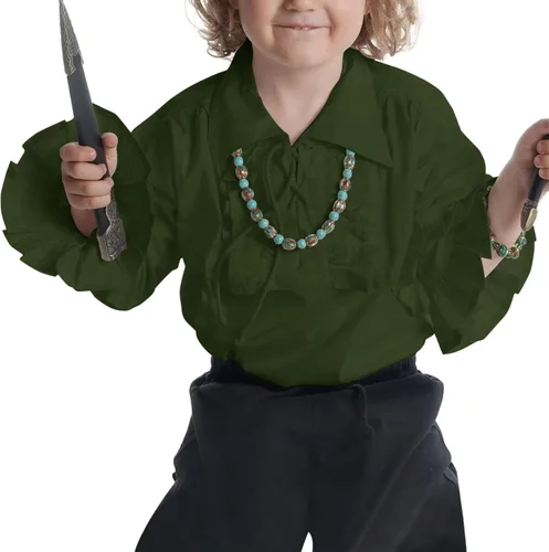 Vista 2 de rrhss Disfraces para niños, camisas de pirata, medievales, renacentistas, escoceses, con volantes, puños con cordones, ropa de solapa de 5 a 14 años