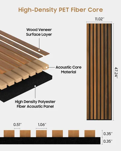 Vista 4 de Paneles de pared acústicos, 2 paneles de pared insonorizados de listones de madera 3D de 48 x 11 pulgadas, para decoración de interiores, reducción