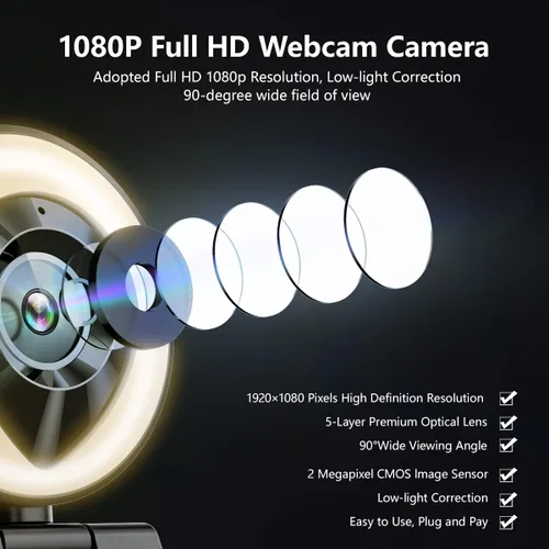 Vista 2 de Cámara web para computadora 1080P con micrófono doble, luz derecha ajustable, cámara web para PC, enfoque automático avanzado con trípode, cámara