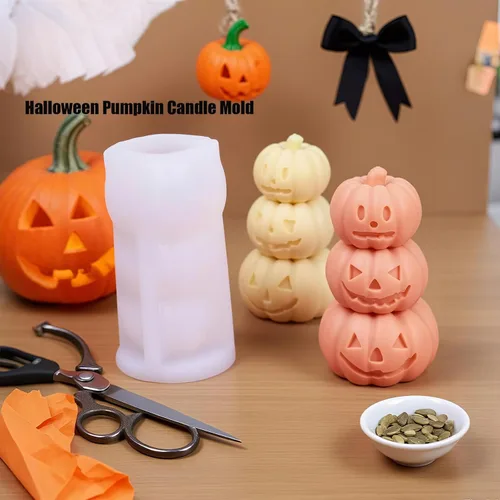 Vista 3 de Molde de vela de calabaza, molde de silicona de calabaza de terror 3D, molde de silicona reutilizable para velas de bricolaje, jabón hecho a mano