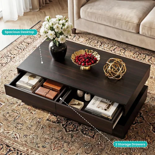 Vista 6 de Mesa de centro para sala de estar, mesa de centro moderna con 2 cajones de almacenamiento, mesa central de 2 niveles de madera con luces LED de 20