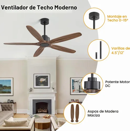 Vista 8 de WINGBO Ventilador de techo de 54 pulgadas sin luz, 5 aspas de madera maciza tallada, motor CC reversible de 6 velocidades, ventilador de techo