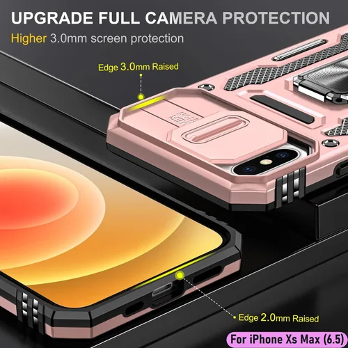 Vista 6 de Funda resistente para Apple iPhone Xs Max, protector híbrido de goma de doble capa de grado militar con protector de cámara deslizante, soporte Oro