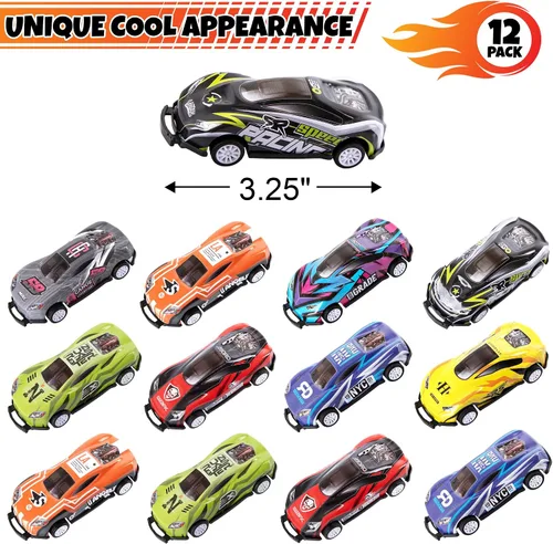 Vista 2 de ArtCreativity Coches de carreras con tapa para niños, juego de 12 autos de juguete en 8 diseños, mini autos de carreras fundidos a presión