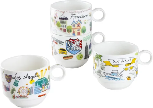 Vista 3 de Gracie China by Coastline Imports Juego de tazas de café apilables de porcelana de 4 piezas (Nueva York, San Francisco, Los Ángeles, Miami)