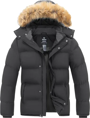 Vista 9 de wantdo Abrigo de invierno con capucha para hombre, chaqueta acolchada impermeable, cálida chaqueta de invierno