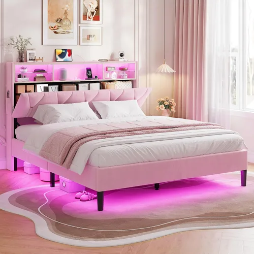 Vista 8 de HAUOMS - Base de cama de tamaño matrimonial con cabecera de almacenamiento y luces LED RGB, color crema