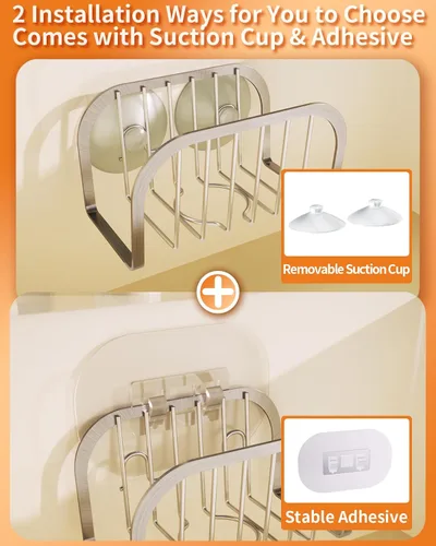 Vista 2 de SWTYMIKI Soporte de esponja para fregadero de cocina, soporte de esponja de fregadero móvil con ventosas de acero inoxidable para fregadero de acero