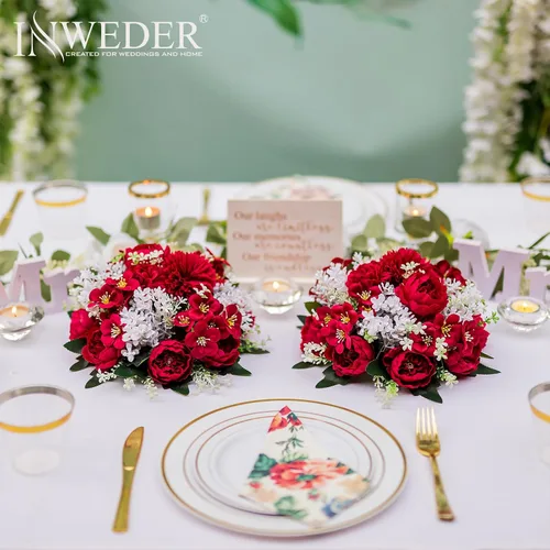 Vista 2 de Bolas de flores artificiales para centros de mesa: 2 piezas de rosas rojas para centros de mesa, arreglos florales, centro de mesa para bodas