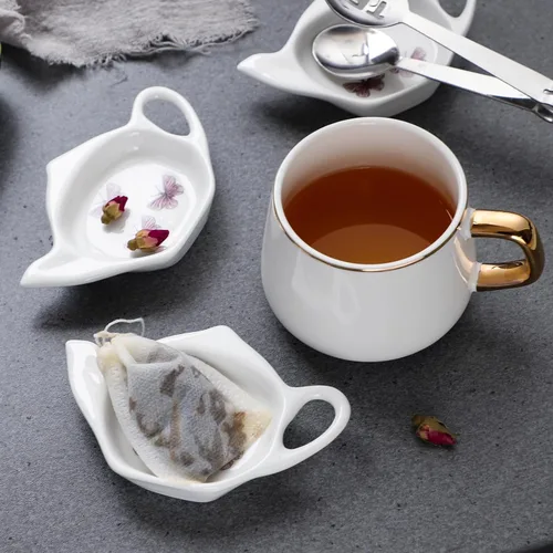 Vista 5 de Juego de 6 posavasos de cerámica blanca para bolsitas de té y exprimidor de bolsas de té de acero inoxidable (estilo 1)