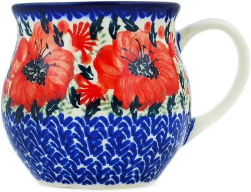 Vista 18 de Auténtica taza de burbujas de cerámica polaca de 13 onzas en diseño amarillo hecho a mano en Bolesławiec Polonia por Ceramika Bona + certificado