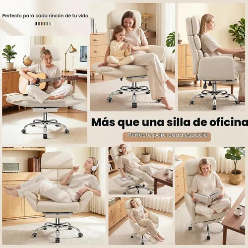 Vista 7 de Silla de oficina de cuero grande y alta, brazos abatibles con Beige
