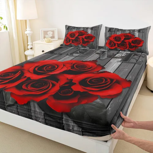 Vista 6 de Erosebridal Juego de sábanas de rosas rojas, tamaño individual, color rojo y negro, para niñas, mujeres, hombres, parejas, romántico, floral