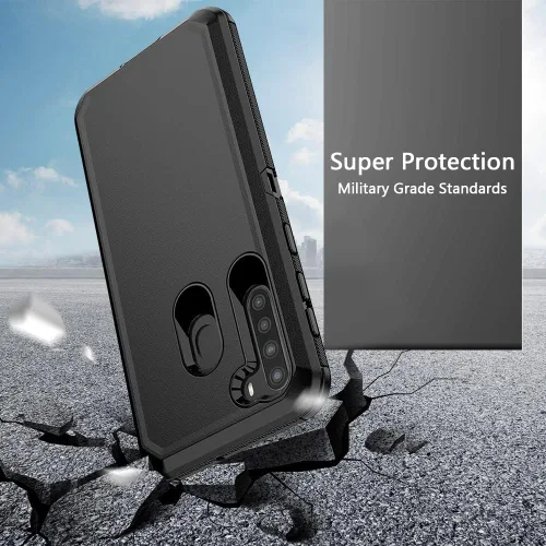 Vista 6 de Funda para teléfono Samsung Galaxy A21, resistente y resistente a prueba de golpes, funda protectora con clip para cinturón para Samsung A21 (negro)