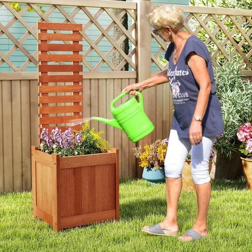 Vista 2 de Giantex Cama de jardín elevada de madera con enrejado, maceta para exteriores con base abierta para plantas trepadoras, profundidad de plantación