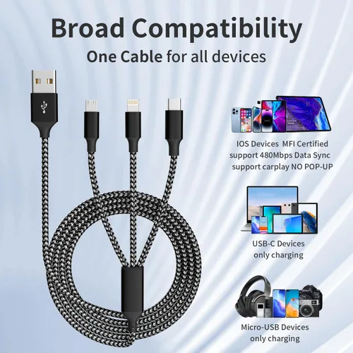 Vista 6 de Travel Essentials - Cable de carga múltiple 3 en 1, cable de carga universal para teléfono Micro USB Cable with Type-C, Micro USB,IP Port, Travel