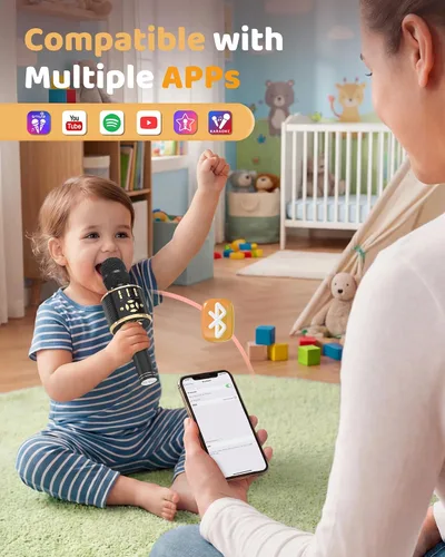 Vista 4 de Amazmic Máquina de Micrófono de Karaoke para Niños, Micrófono Bluetooth Portátil, Micrófono de Karaoke Inalámbrico de Mano con Luces LED, Regalo