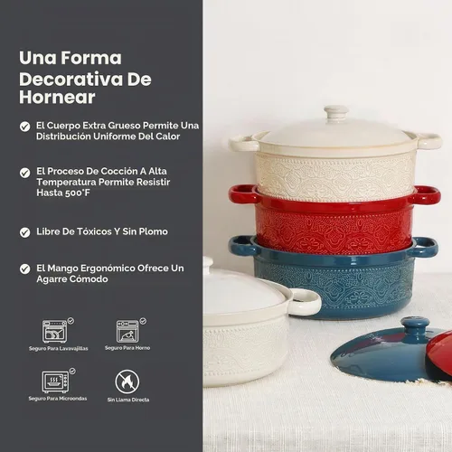 Vista 6 de FUN ELEMENTS - Cazuela, 2 cuartos de galón, plato con relieve de encaje con tapa, de cerámica para ir del horno a la mesa, asas redondas para servir
