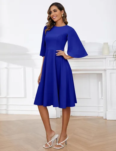 Vista 2 de BeryLove Vestido de invitada de boda de otoño para mujer, cuello barco, manga acampanada 34, casual, fluido, vestido formal por debajo de la rodilla