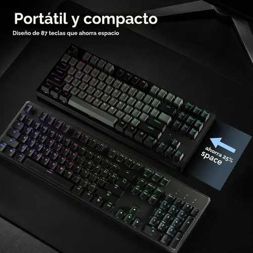 Vista 4 de TECWARE Phantom+ Elite Teclado mecánico RGB de 87 teclas para juegos 3 modos Bluetooth inalámbrico 5.0, 2.4 GHz y USB-C con cable 5 pines