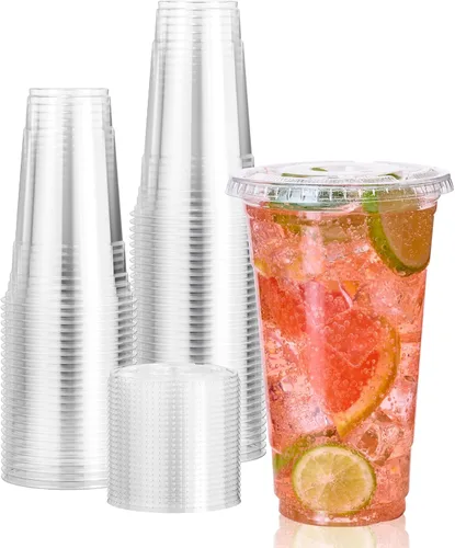 Vista 8 de Vplus Paquete de 200 vasos de plástico transparente PET de 12 onzas con tapas, vasos de plástico desechables en frío de 12 onzas con tapas planas